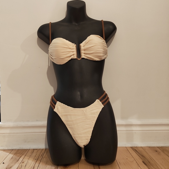 SHEIN Other - Ruched Cream Bikini Set with Brown Straps
